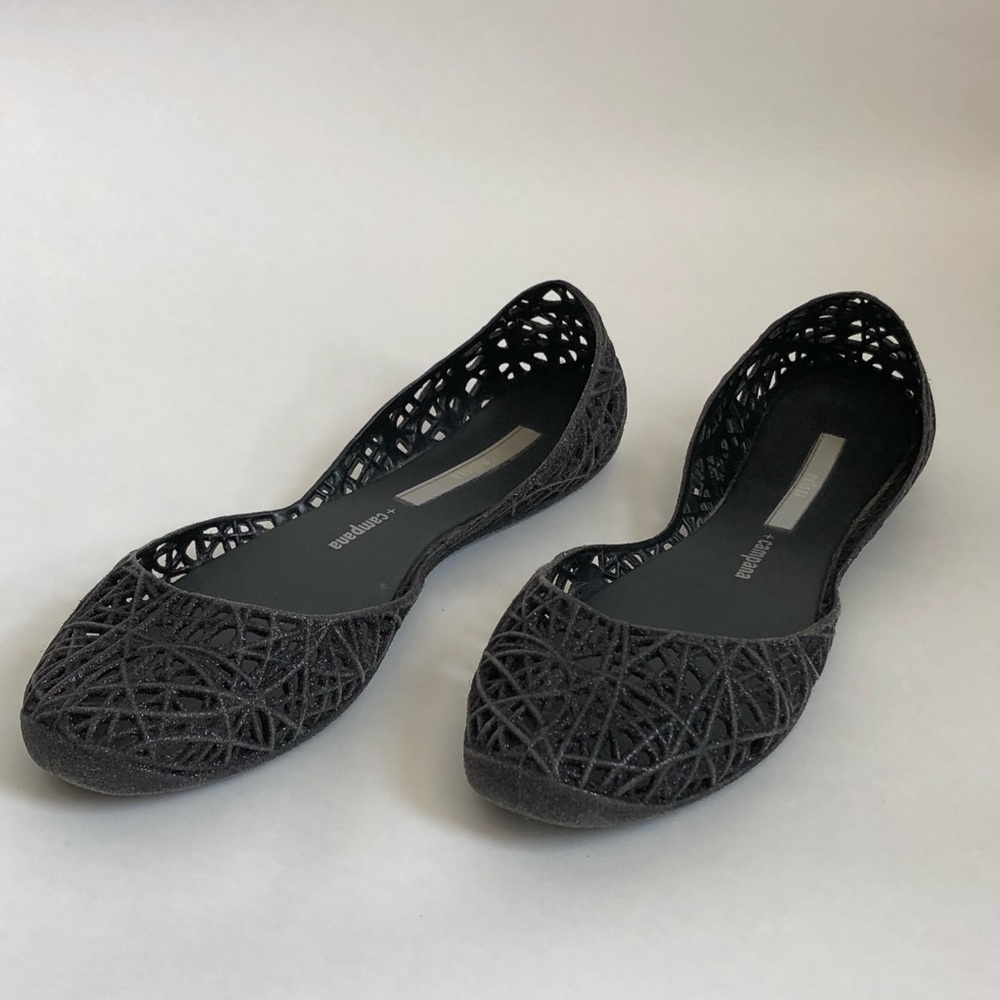 Melissa + Campana Black Glitter Papel Flats. 6
